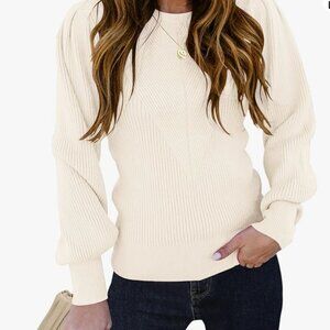 TECREW |  Women's Puff Sleeve Crew Neck Pullover Sweater | Cream | Size:…